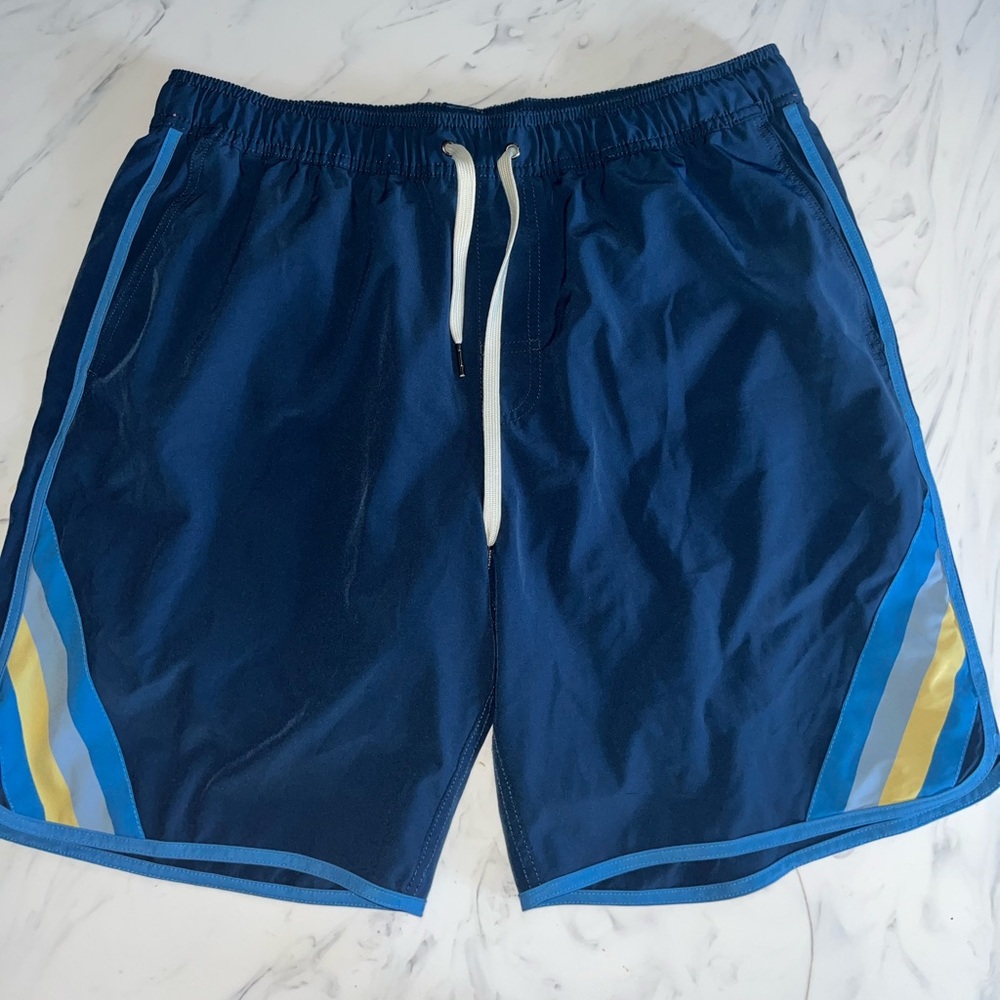 Fair harbor blue stripes trunks lined xl bathing suit swim shorts yellow